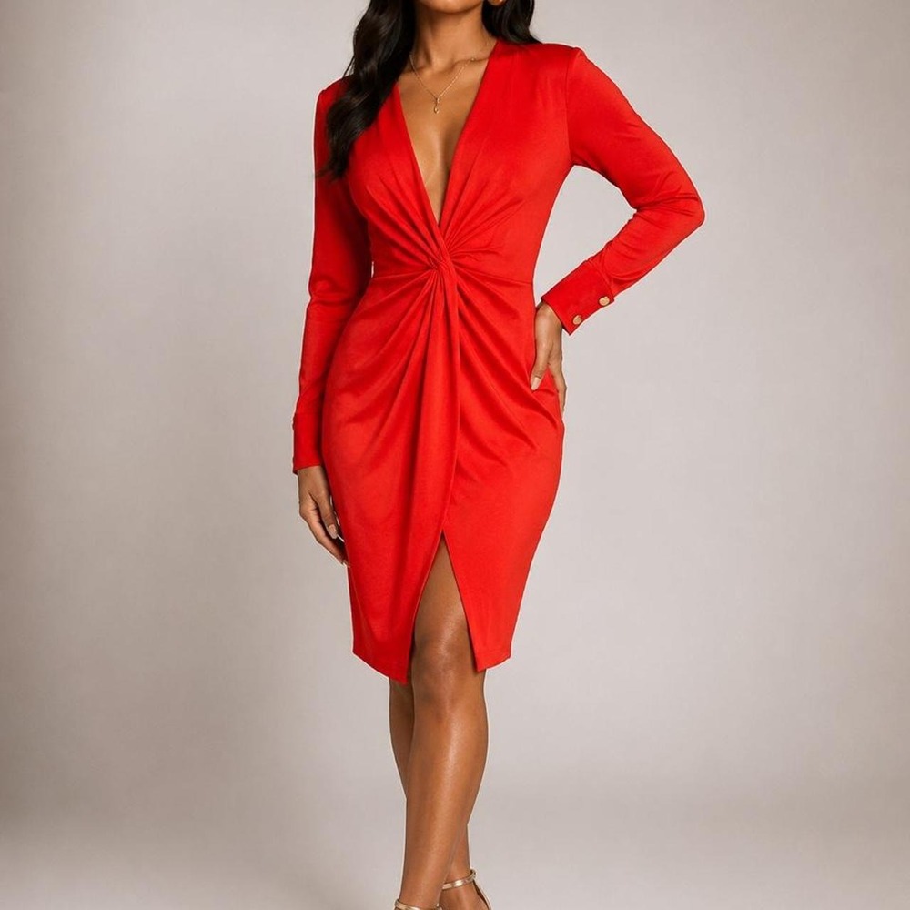 Red Bodycon Dress Plunge Twist Front Draped Sheath Femme Fatale Mob Wife M